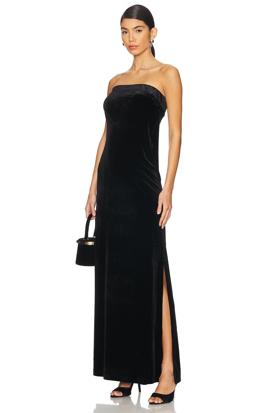strapless tailored velvet side slit gown