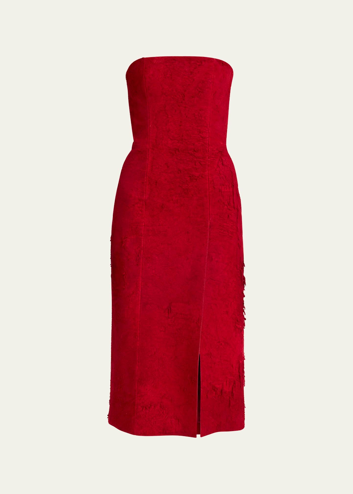 strapless textured suede slit midi dress