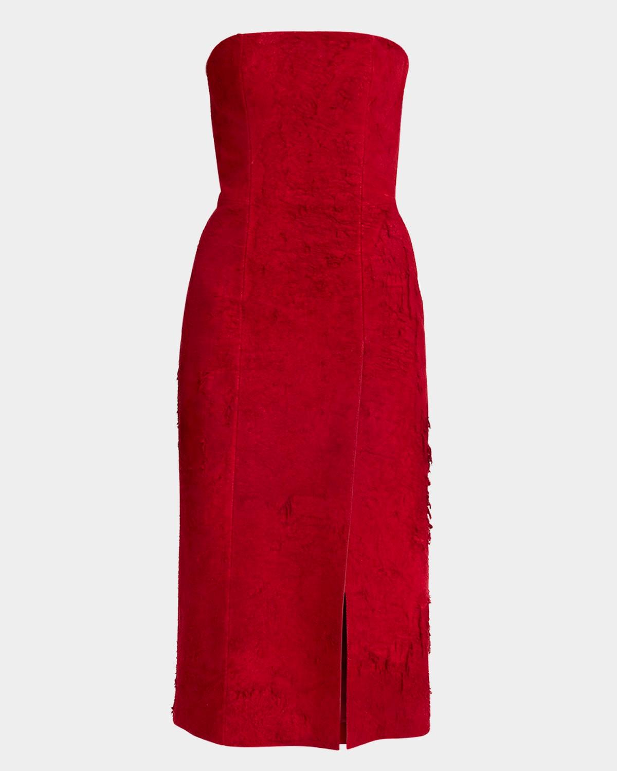 strapless textured suede slit midi dress