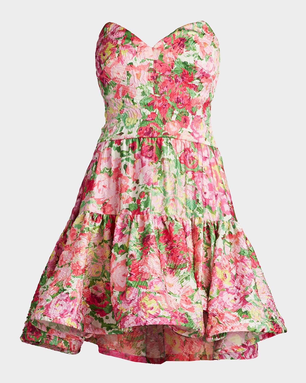 strapless tiered floral-print mini dress