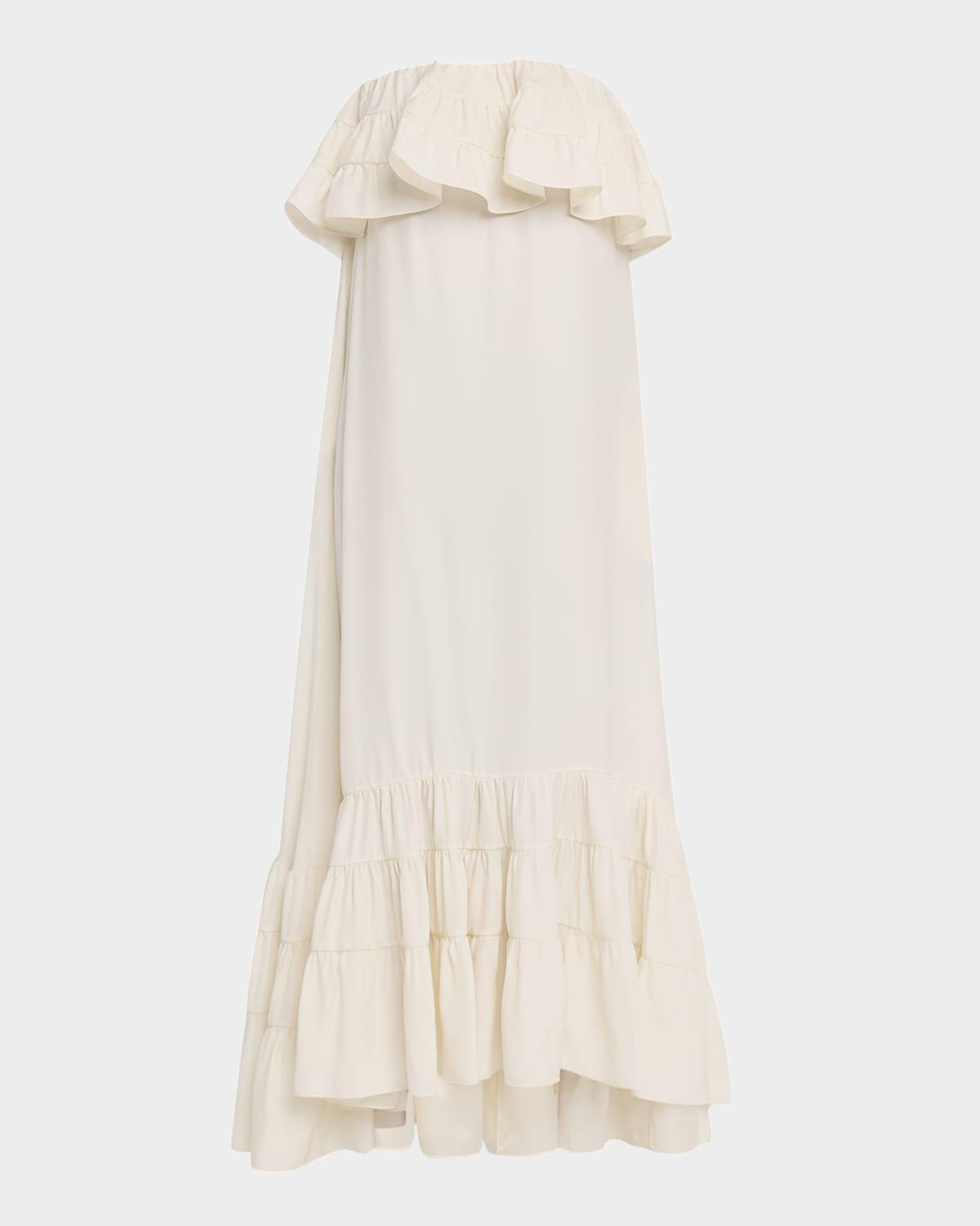 strapless tiered ruffle high-low midi dress