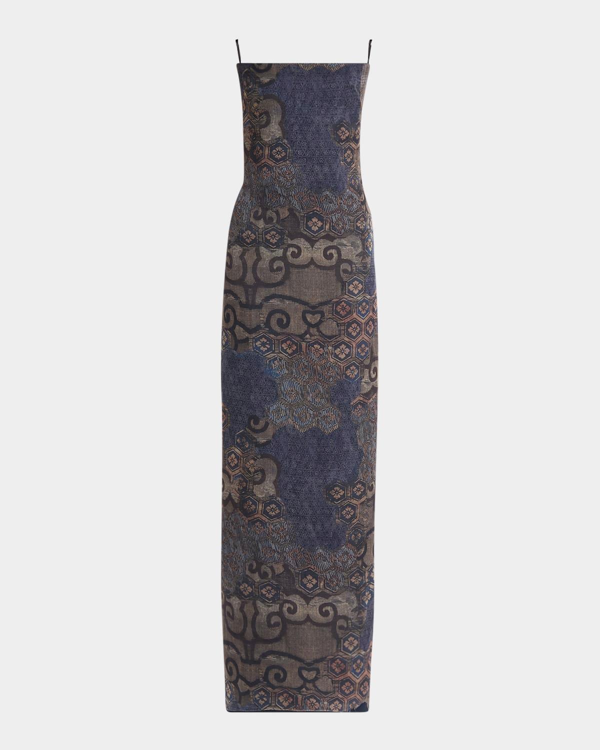 strapless tile-print silk gown