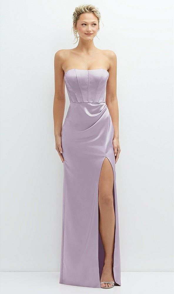 strapless topstitched corset satin maxi dress with draped column skirt