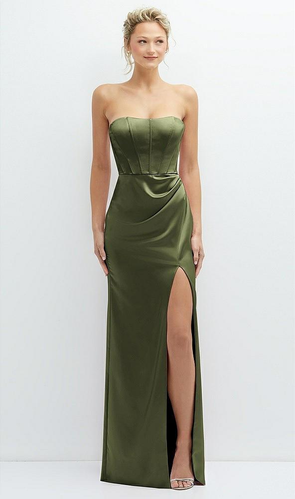 strapless topstitched corset satin maxi dress with draped column skirt
