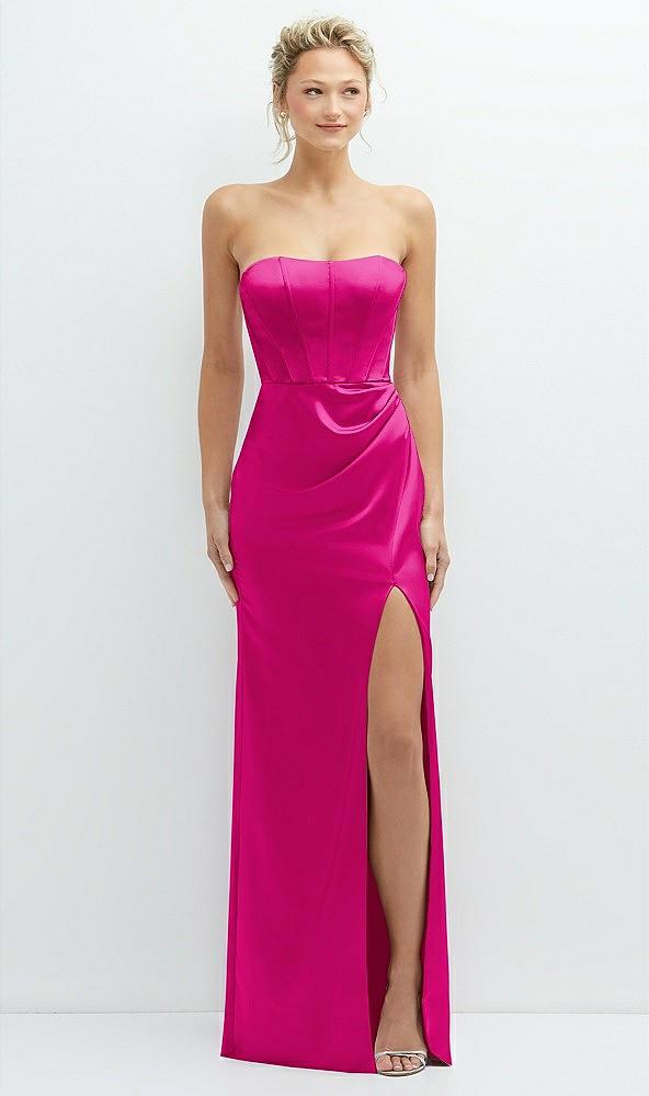 strapless topstitched corset satin maxi dress with draped column skirt