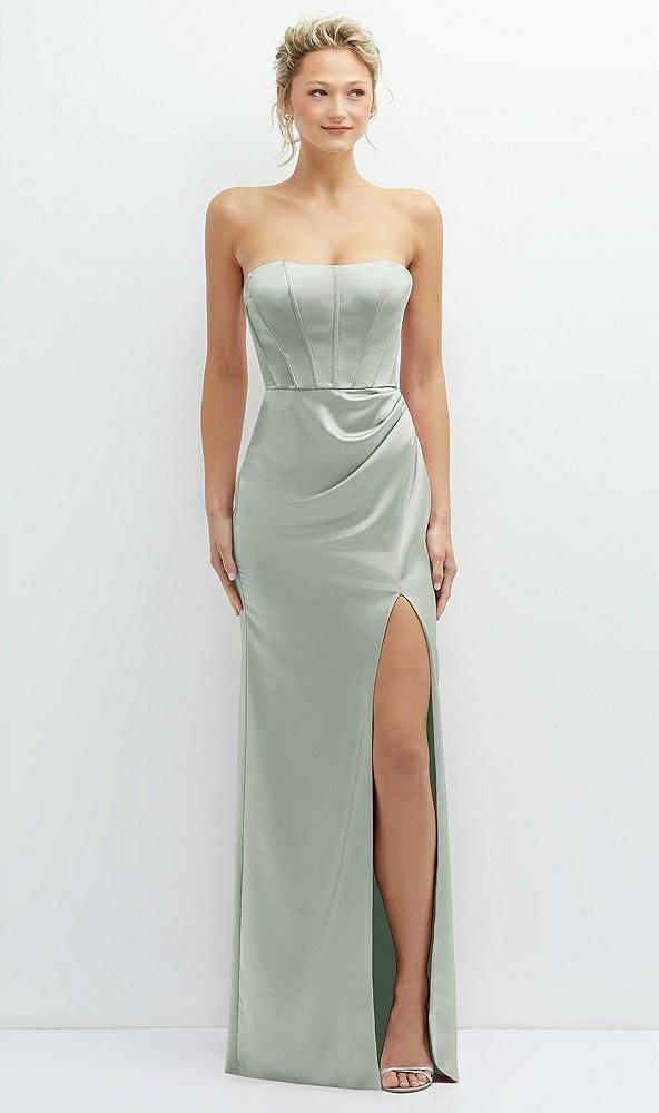 strapless topstitched corset satin maxi dress with draped column skirt