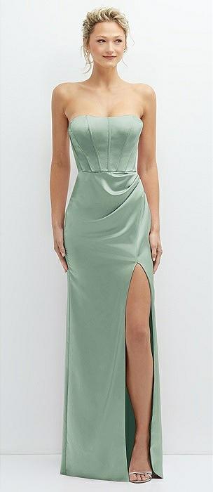 strapless topstitched corset satin maxi dress with draped column skirt
