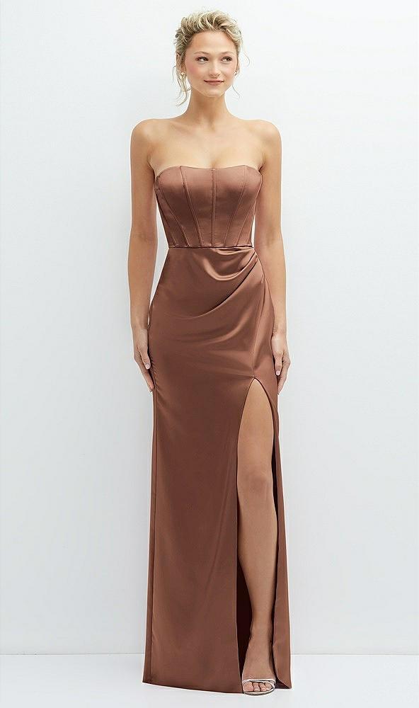 strapless topstitched corset satin maxi dress with draped column skirt
