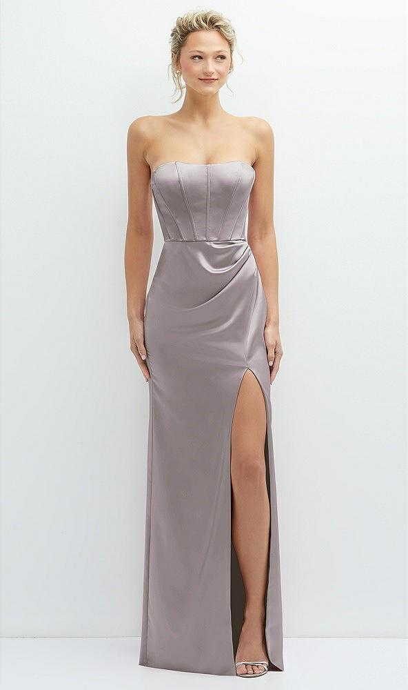 strapless topstitched corset satin maxi dress with draped column skirt
