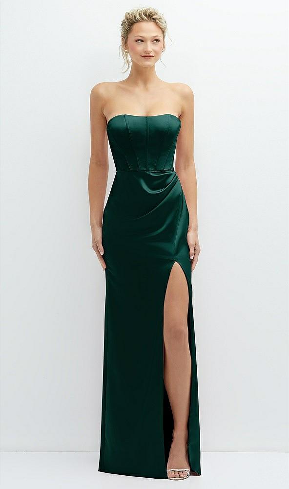 strapless topstitched corset satin maxi dress with draped column skirt
