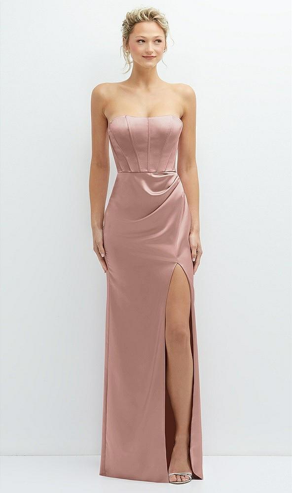 strapless topstitched corset satin maxi dress with draped column skirt
