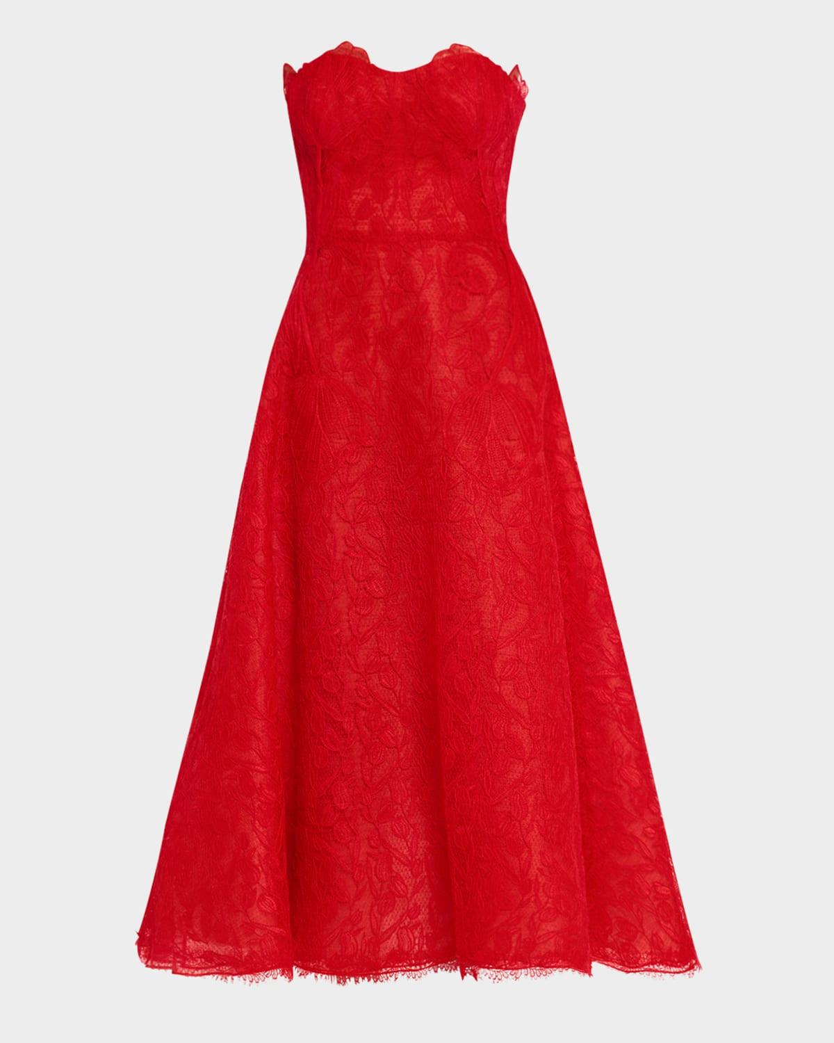 strapless tulip lace midi dress