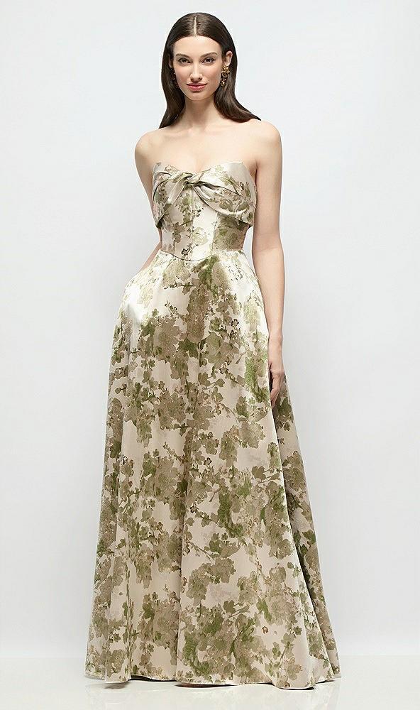 strapless twist cuff neck abstract floral jacquard maxi dress with full skirt