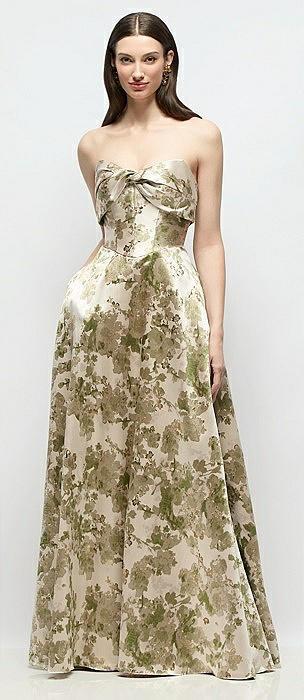 strapless twist cuff neck abstract floral jacquard maxi dress with full skirt