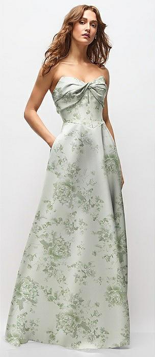 strapless twist cuff neck floral satin maxi dress with basque-waist & full skirt