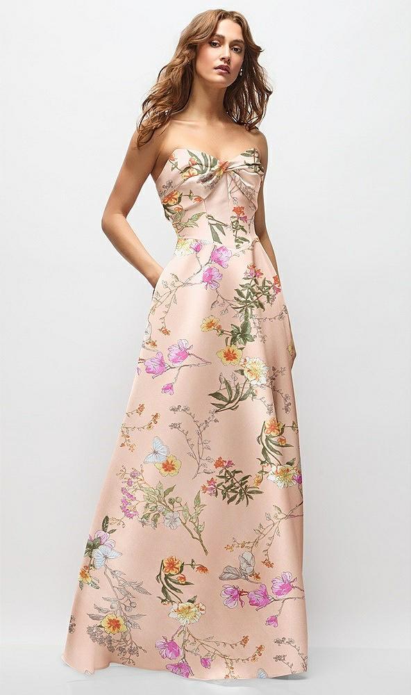 strapless twist cuff neck floral satin maxi dress with basque-waist & full skirt