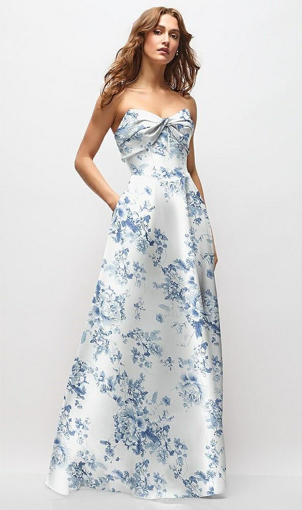 strapless twist cuff neck floral satin maxi dress with basque-waist & full skirt