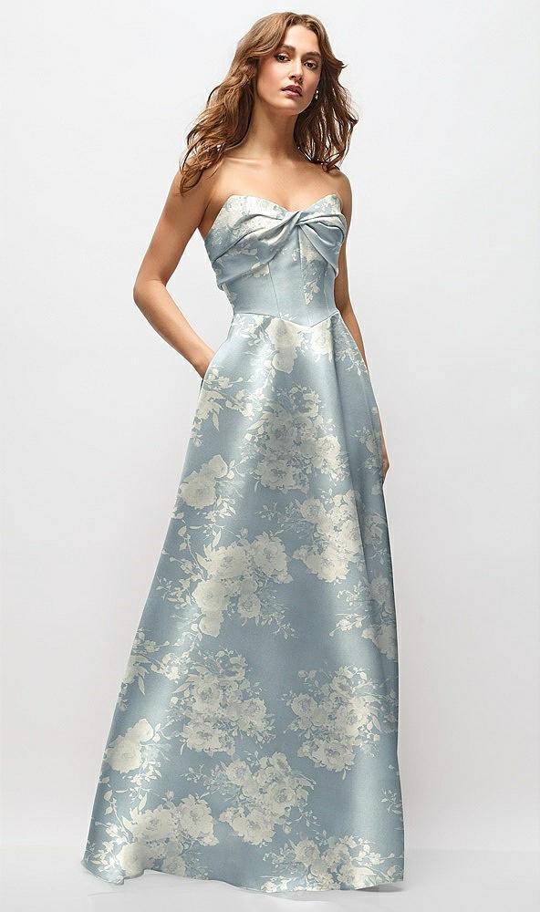 strapless twist cuff neck floral satin maxi dress with basque-waist & full skirt