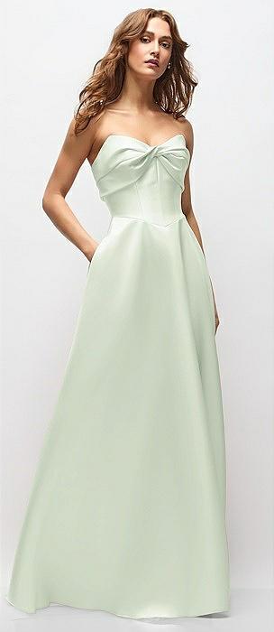 strapless twist cuff neck satin maxi dress with basque-waist & full skirt