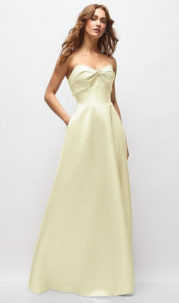 strapless twist cuff neck satin maxi dress with basque-waist & full skirt
