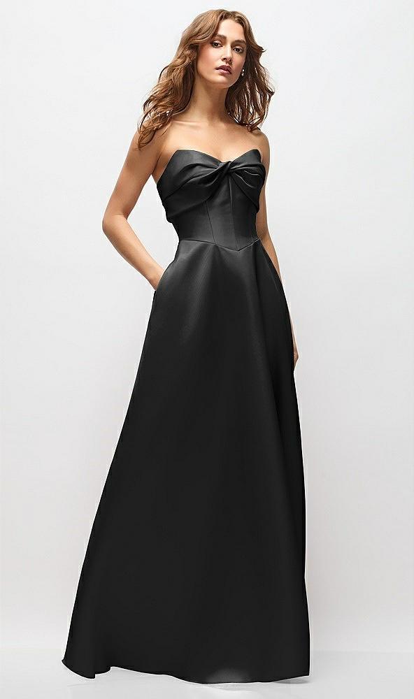 strapless twist cuff neck satin maxi dress with basque-waist & full skirt