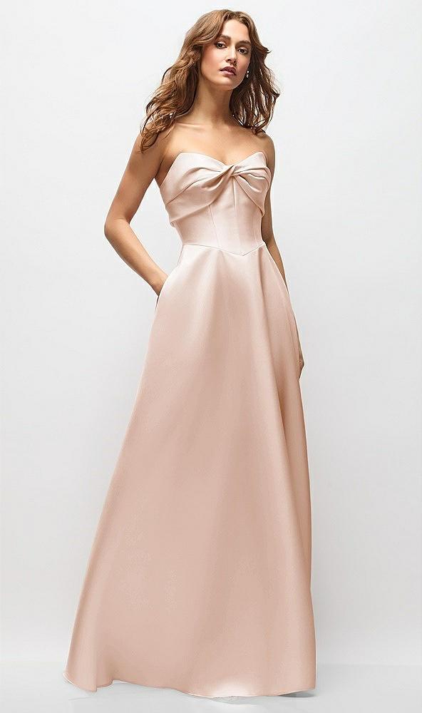 strapless twist cuff neck satin maxi dress with basque-waist & full skirt