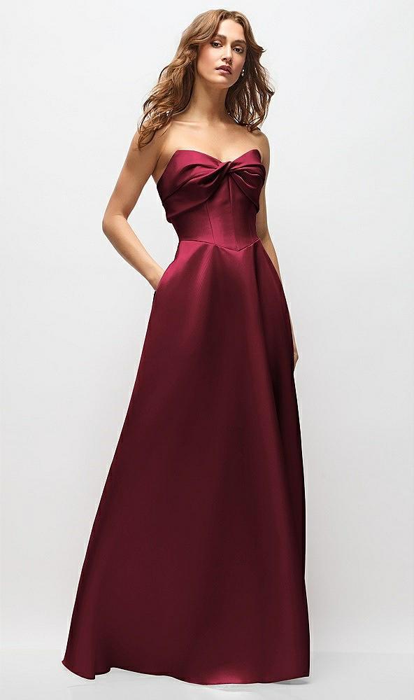 strapless twist cuff neck satin maxi dress with basque-waist & full skirt