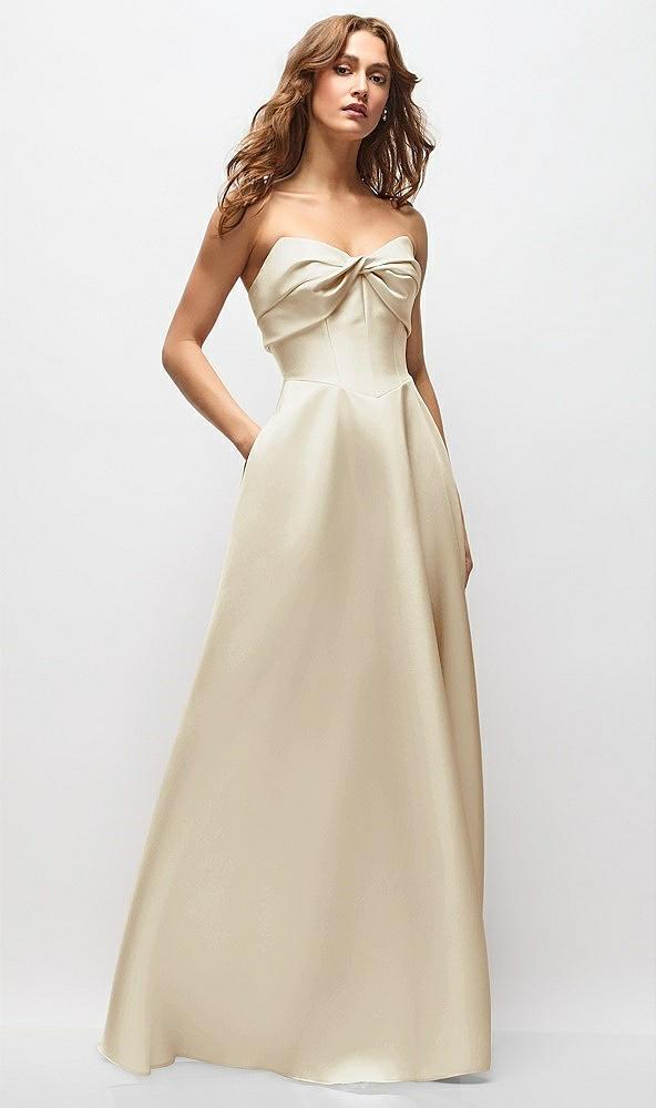 strapless twist cuff neck satin maxi dress with basque-waist & full skirt