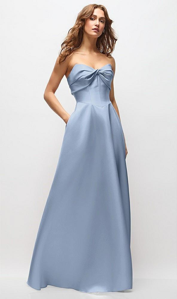 strapless twist cuff neck satin maxi dress with basque-waist & full skirt