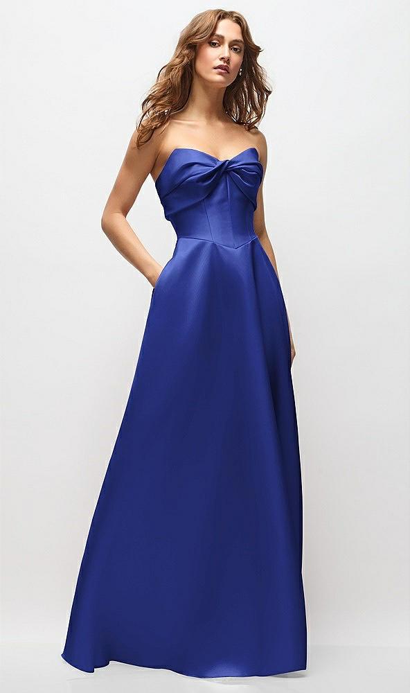 strapless twist cuff neck satin maxi dress with basque-waist & full skirt