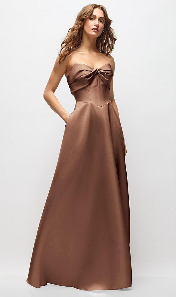strapless twist cuff neck satin maxi dress with basque-waist & full skirt