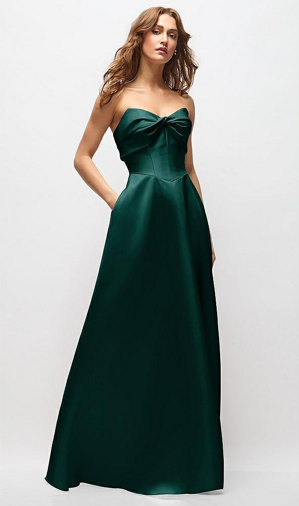 strapless twist cuff neck satin maxi dress with basque-waist & full skirt