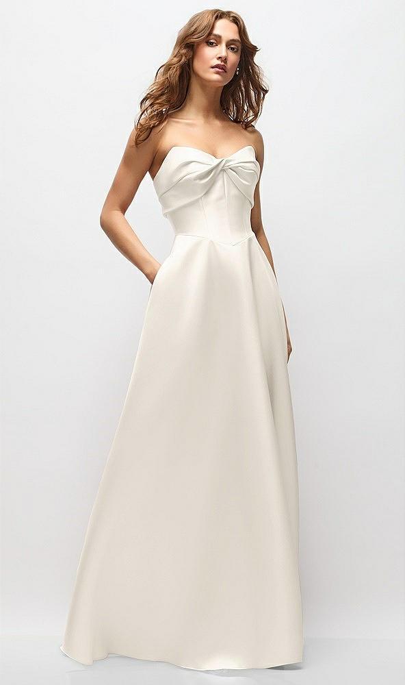 strapless twist cuff neck satin maxi dress with basque-waist & full skirt