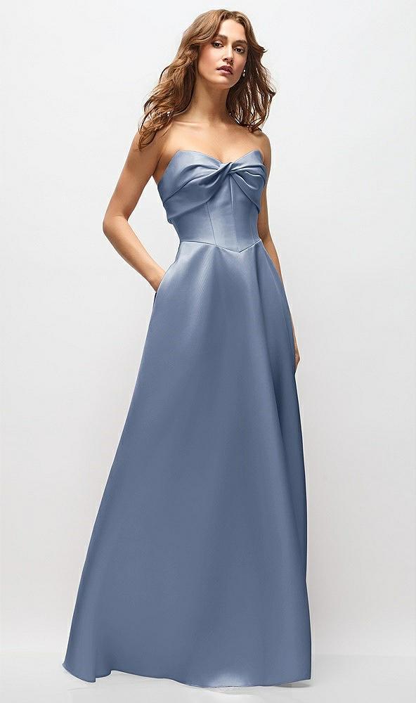 strapless twist cuff neck satin maxi dress with basque-waist & full skirt