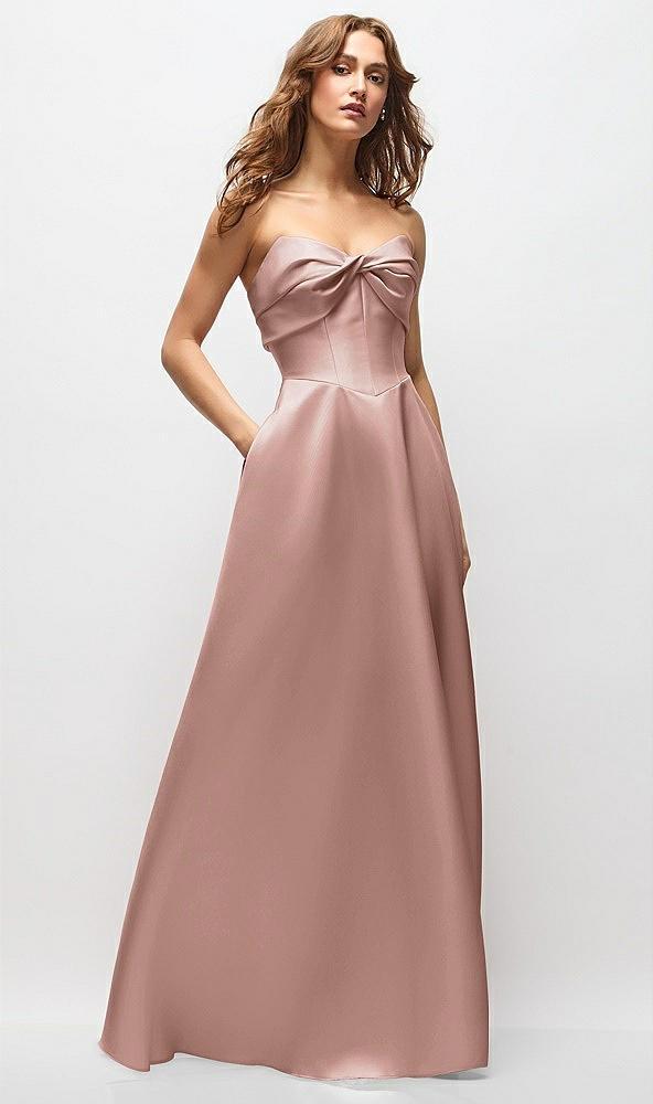 strapless twist cuff neck satin maxi dress with basque-waist & full skirt
