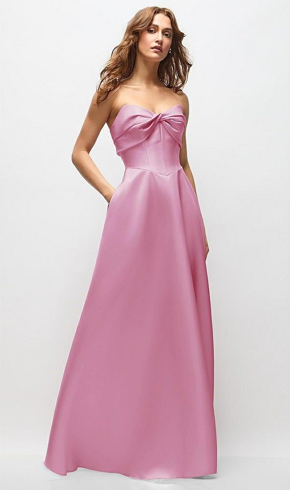 strapless twist cuff neck satin maxi dress with basque-waist & full skirt