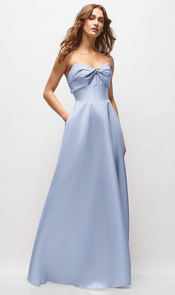 strapless twist cuff neck satin maxi dress with basque-waist & full skirt