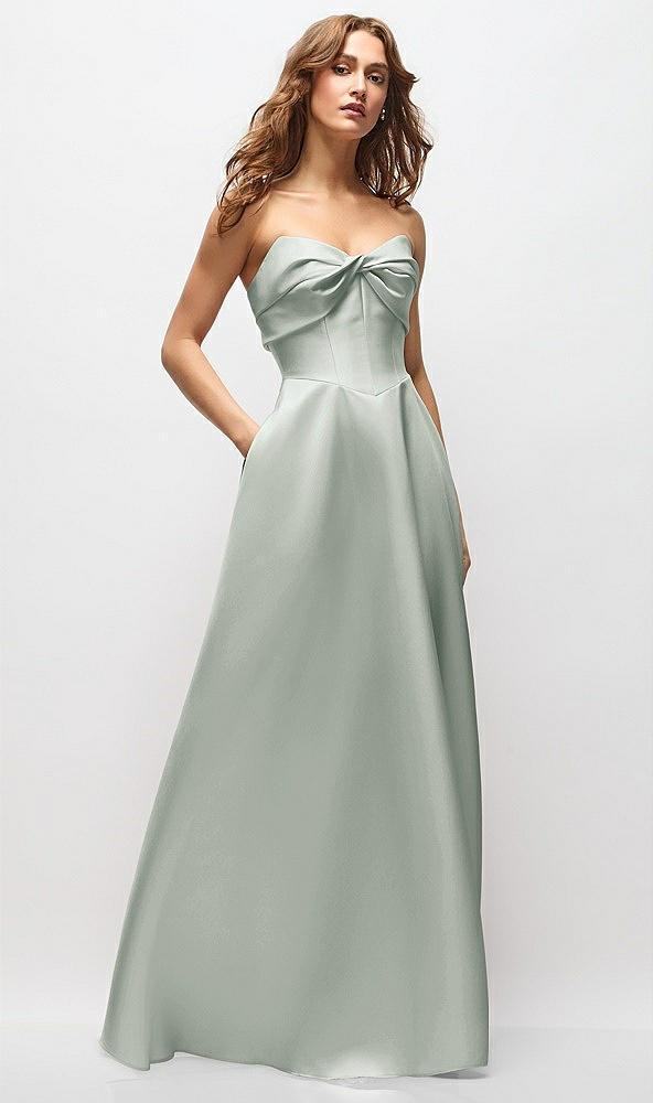 strapless twist cuff neck satin maxi dress with basque-waist & full skirt