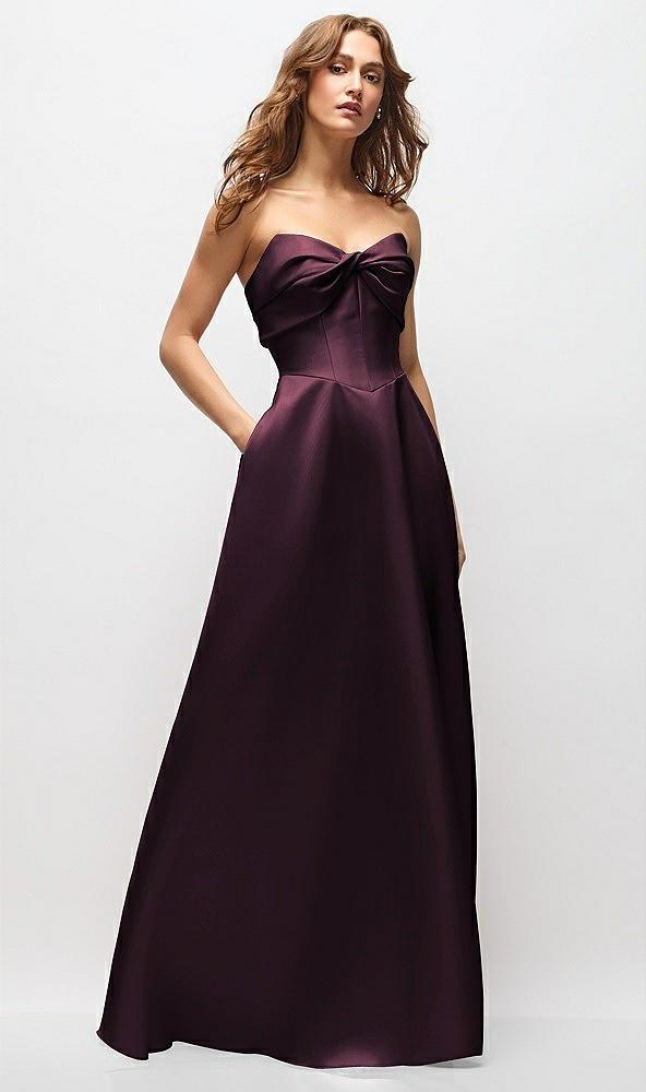 strapless twist cuff neck satin maxi dress with basque-waist & full skirt
