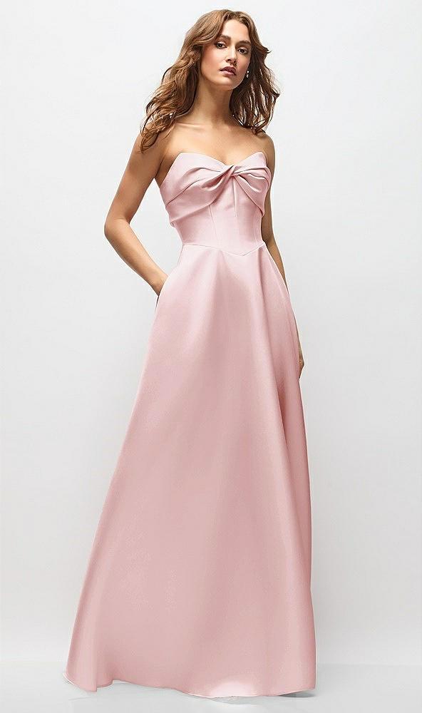 strapless twist cuff neck satin maxi dress with basque-waist & full skirt
