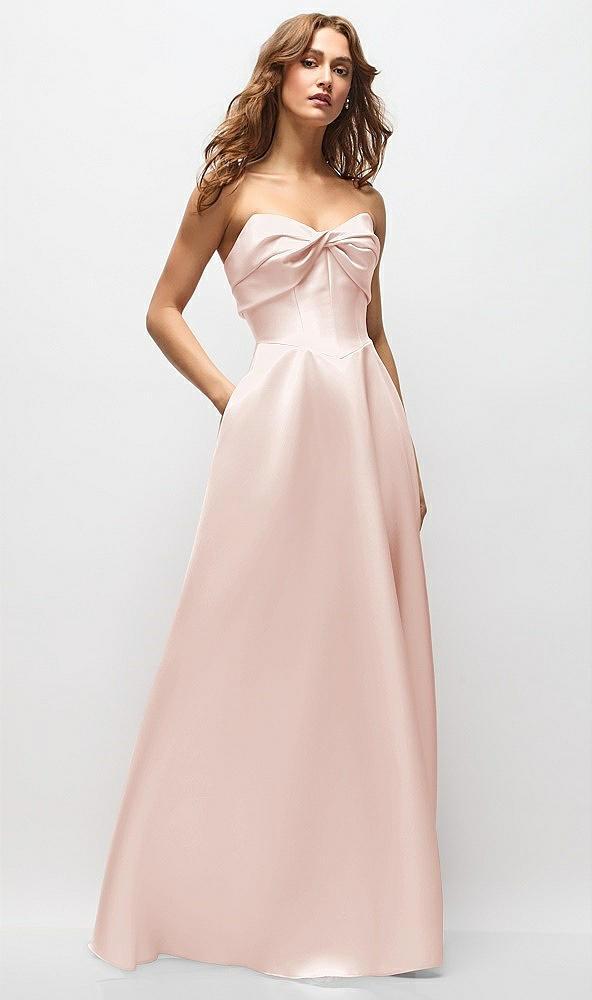 strapless twist cuff neck satin maxi dress with basque-waist & full skirt