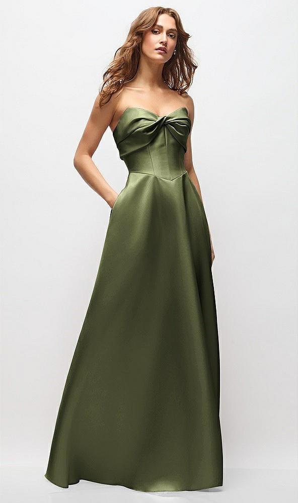 strapless twist cuff neck satin maxi dress with basque-waist & full skirt