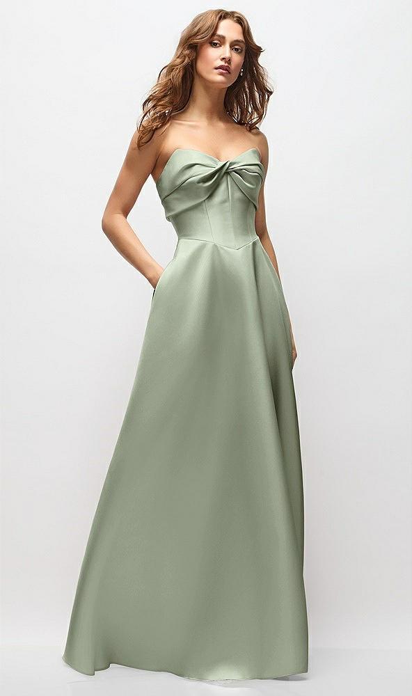 strapless twist cuff neck satin maxi dress with basque-waist & full skirt
