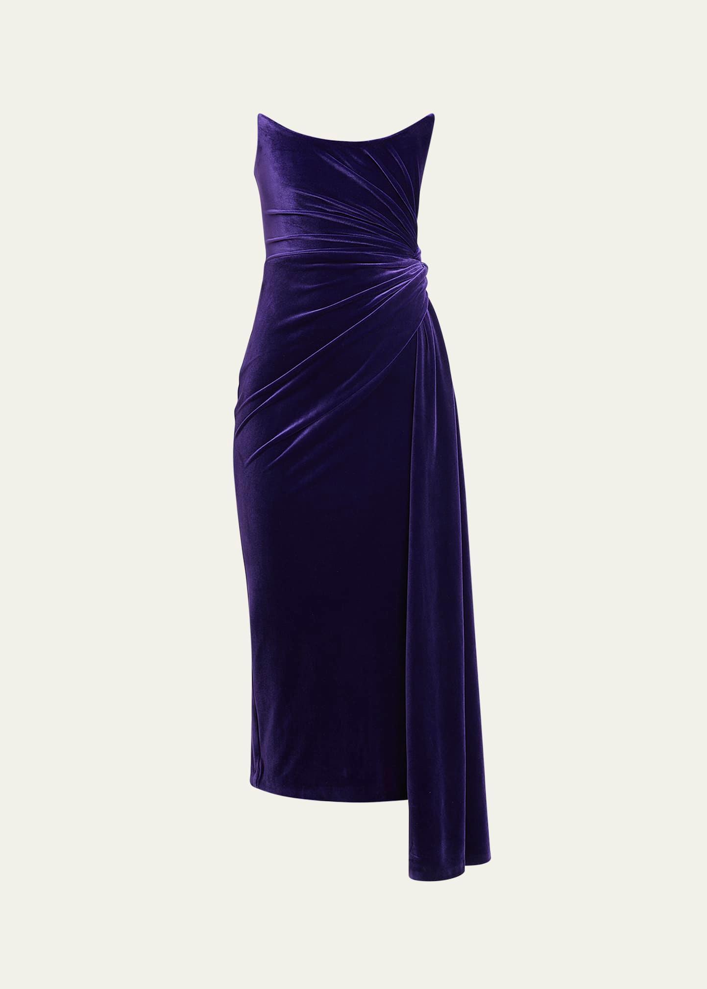 strapless twist velvet midi dress