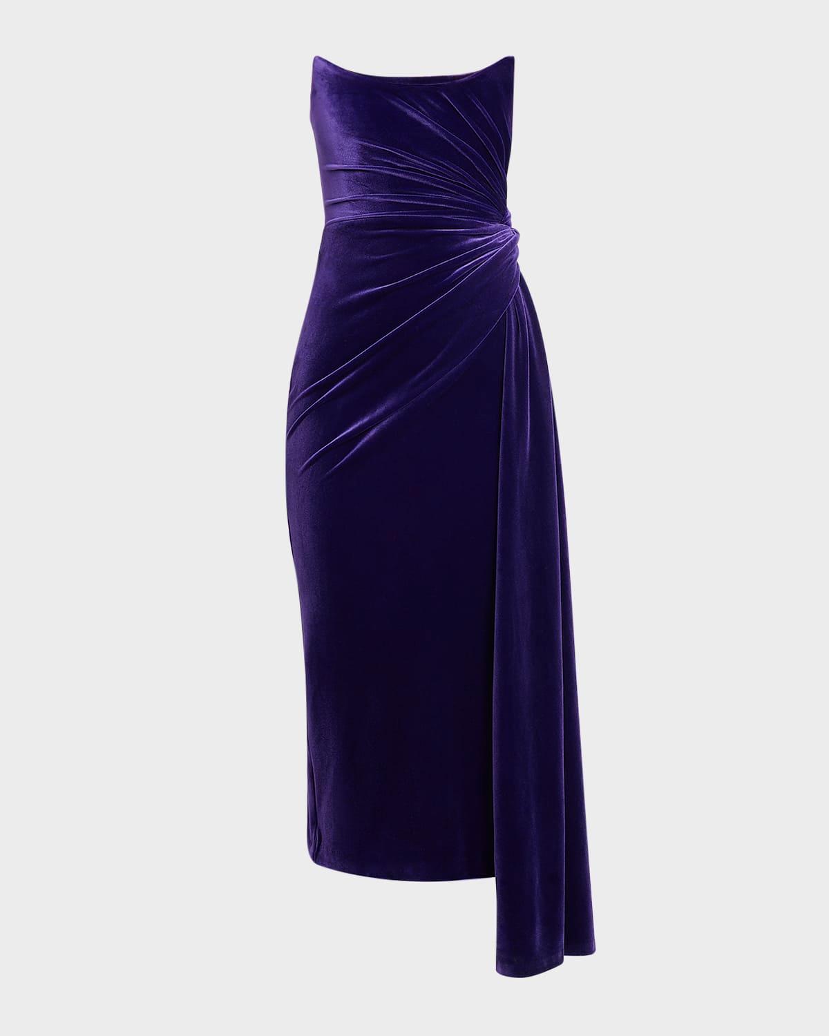 strapless twist velvet midi dress