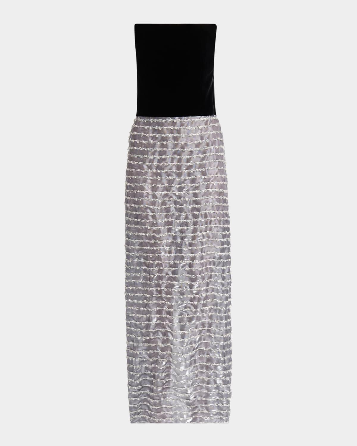 strapless velvet bustier iridescent textured silk gown