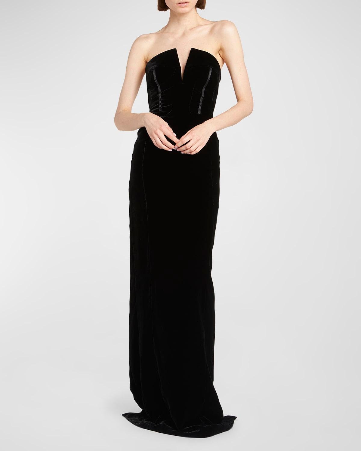 strapless velvet column gown
