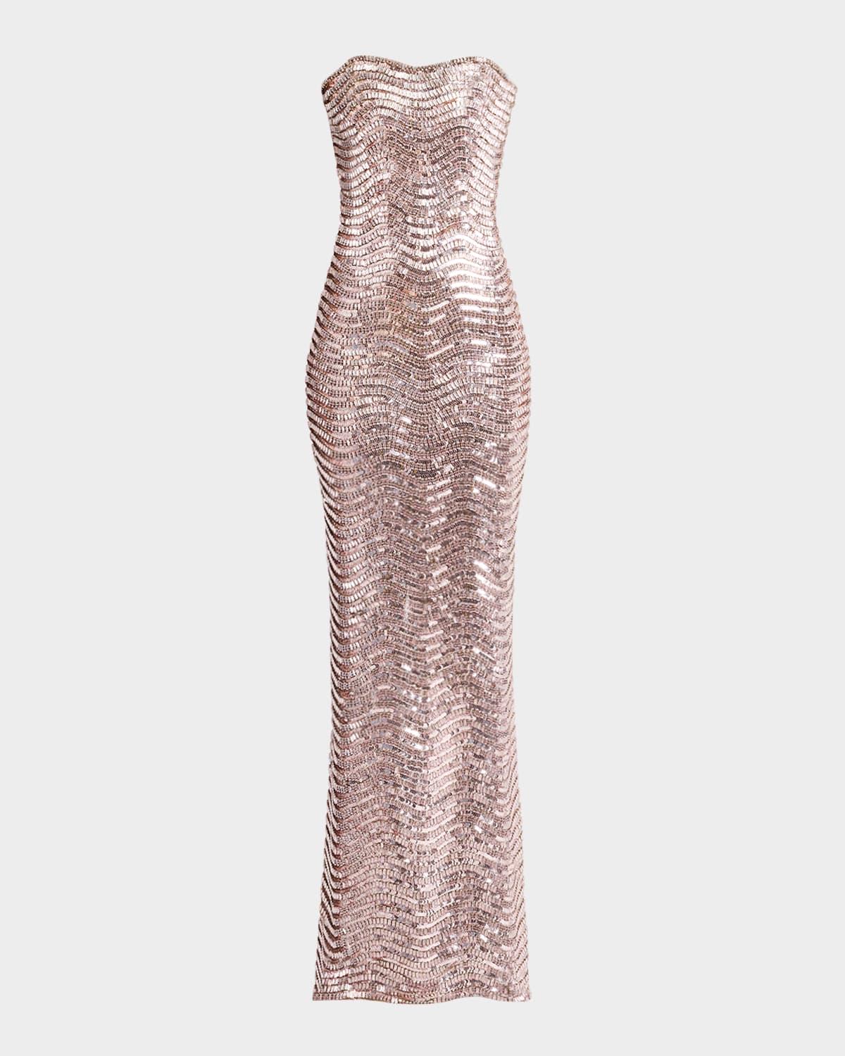 strapless wave embroidered tulle gown
