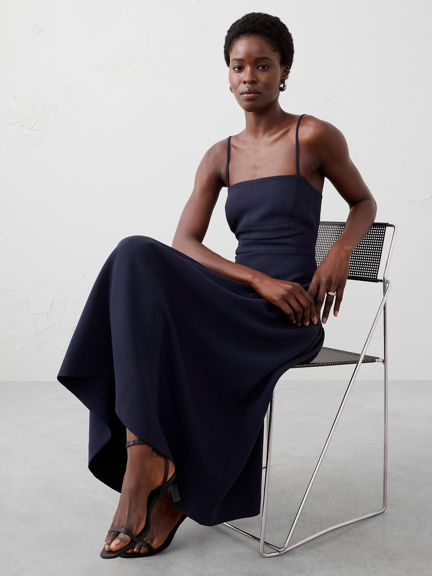 strappy structured drop-waist midi dress