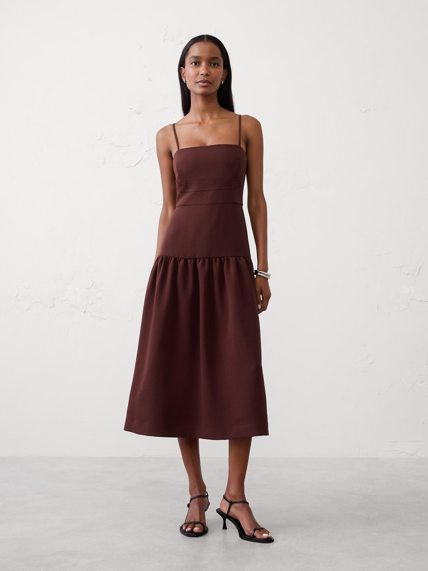 strappy structured drop-waist midi dress